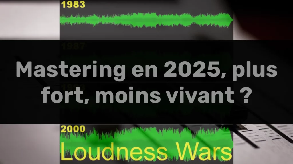 Illustration comparative de formes d’onde audio entre 1983, 2000 et 2025 avec la mention “Mastering en 2025, plus fort, moins vivant ?”. Image représentant l’évolution de la dynamique audio à travers la loudness war.