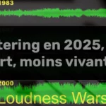 Illustration comparative de formes d’onde audio entre 1983, 2000 et 2025 avec la mention “Mastering en 2025, plus fort, moins vivant ?”. Image représentant l’évolution de la dynamique audio à travers la loudness war.
