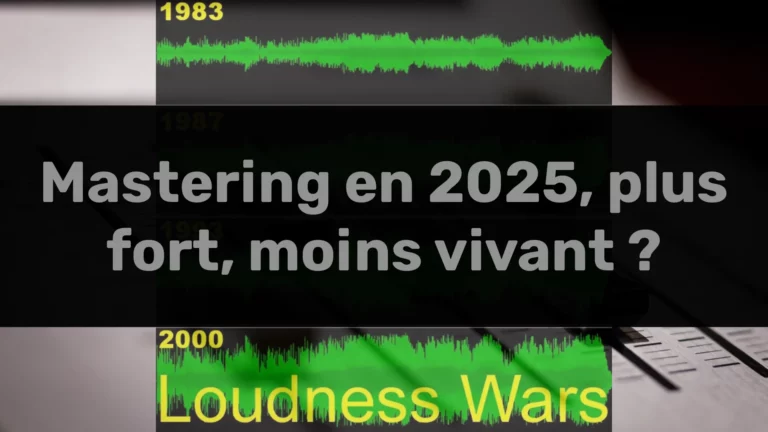 Illustration comparative de formes d’onde audio entre 1983, 2000 et 2025 avec la mention “Mastering en 2025, plus fort, moins vivant ?”. Image représentant l’évolution de la dynamique audio à travers la loudness war.