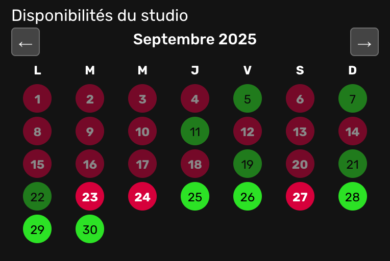 Disponibilités du studio d'enregistrement Reponse Studio