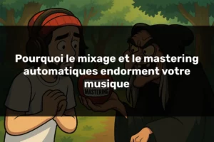 Titre avec bande titre d’une sorcière offrant une pomme “Mix magique – 1 clic” à un artiste musicien, symbolisant les dangers du mixage et du mastering automatiques.