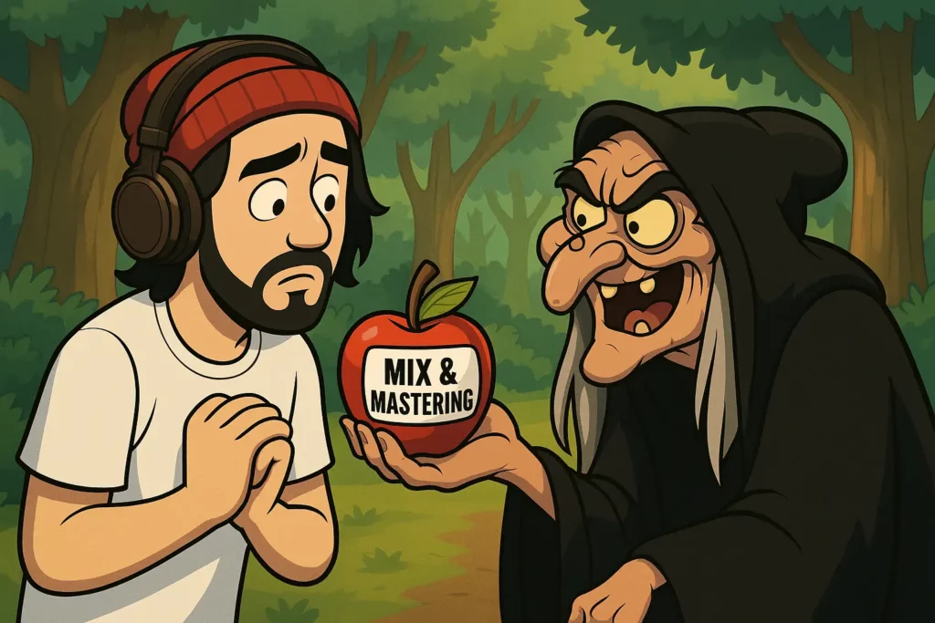 Illustration humoristique représentant une sorcière tendant une pomme rouge étiquetée « Mix magique – 1 clic » à un artiste musicien portant un casque. L’image symbolise les dangers du mastering en ligne automatisé et du mixage par intelligence artificielle, en opposition au savoir-faire humain et à l’approche sur mesure proposée par Reponse Studio.