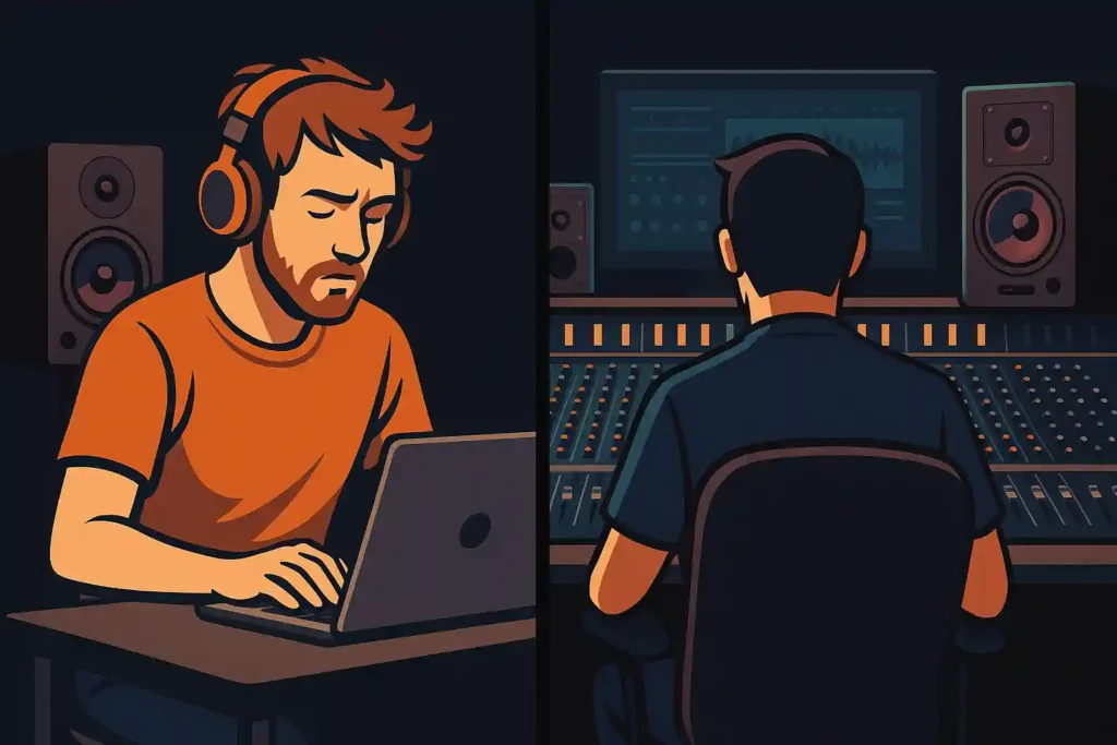 artiste amateur mixant sur un petit ordinateur portable, l’air incertain, à côté d’un ingénieur du son travaillant dans un studio professionnel avec des moniteurs PSI Audio et une console analogique. L’image montre le contraste entre une production maison et un environnement acoustiquement maîtrisé chez Reponse Studio.