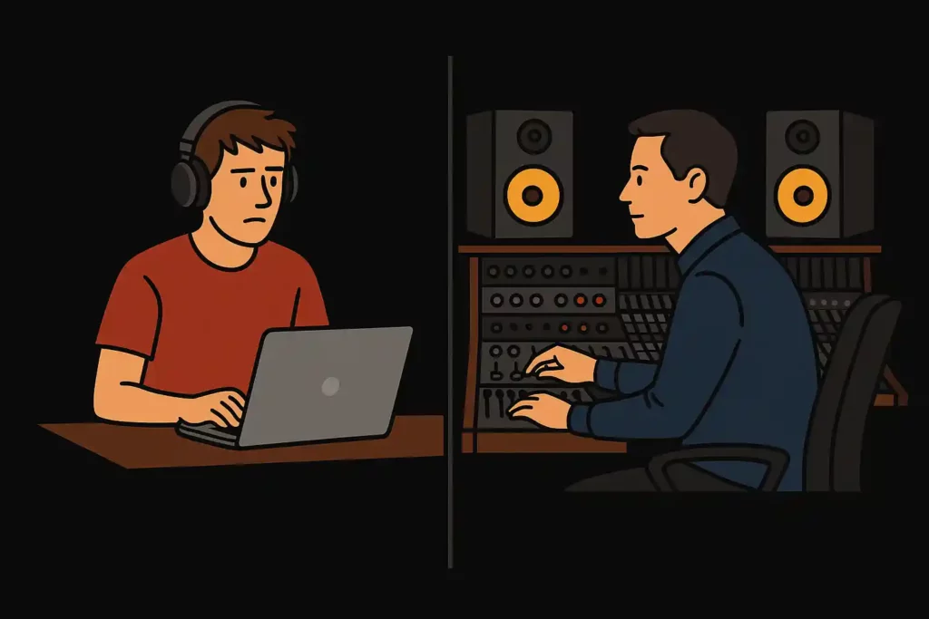 Différence entre un ingénieur du son professionnel et un amateur autodidacte dans un studio – illustration Reponse Studio. Sur un fond noir profond, l’illustration oppose deux mondes.
À gauche, un pseudo-ingénieur du son travaille sur un simple ordinateur portable, le regard hésitant, entouré d’un casque grand public et d’un éclairage froid. L’ambiance évoque la légèreté et l’improvisation.
À droite, un véritable ingénieur du son se tient concentré dans une control room professionnelle. Les lumières chaudes reflètent les vu-mètres, les compresseurs analogiques et les moniteurs PSI Audio. Chaque détail respire la précision, la maîtrise et la passion du son.
Entre les deux univers, un contraste net souligne la différence entre l’amateurisme et le savoir-faire.