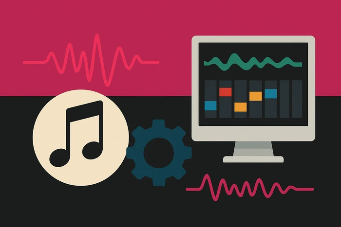 Musique du futur illustrée par une waveform Musique du futur illustrée par une waveform magenta, une note de musique, un engrenage et un écran de mixage sur fond noir, symbolisant l’équilibre entre technologie et ingénieur du son.