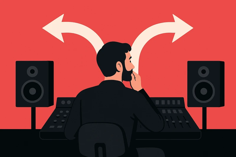 Ingénieur du son assis devant sa console, hésitant entre deux directions symboliques, représentant le manque de solution Apple pour choisir un Mac pour studio d’enregistrement.