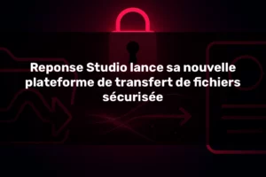 Illustration abstraite sur fond noir avec flux lumineux magenta symbolisant le transfert sécurisé de fichiers audio entre un client et Reponse Studio. Icônes minimalistes de dossier, cadenas et connexion fluide, style high-tech et professionnel.