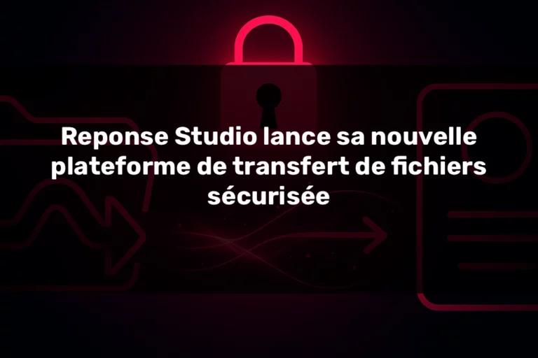 Illustration abstraite sur fond noir avec flux lumineux magenta symbolisant le transfert sécurisé de fichiers audio entre un client et Reponse Studio. Icônes minimalistes de dossier, cadenas et connexion fluide, style high-tech et professionnel.