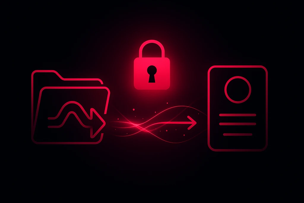 la sécurité et le professionnalisme du transfert de fichiers Transfert de fichiers sécurisé entre le client et Reponse Studio, illustré par un flux lumineux magenta sur fond noir, symbolisant la confidentialité et le professionnalisme