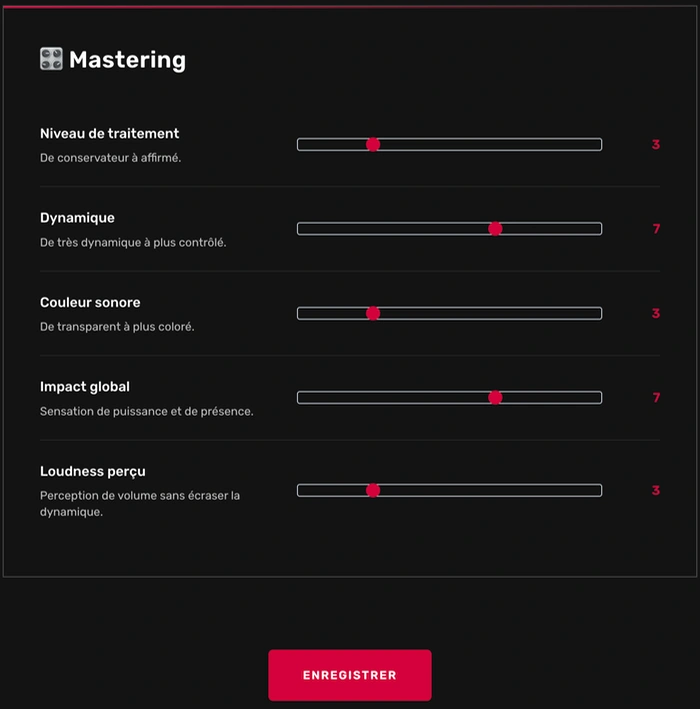 Interface du profil sonore pour le mastering chez Reponse Studio, présentant les paramètres de niveau de traitement, dynamique, couleur sonore, impact global et loudness perçu pour garantir un rendu final précis, équilibré et professionnel.