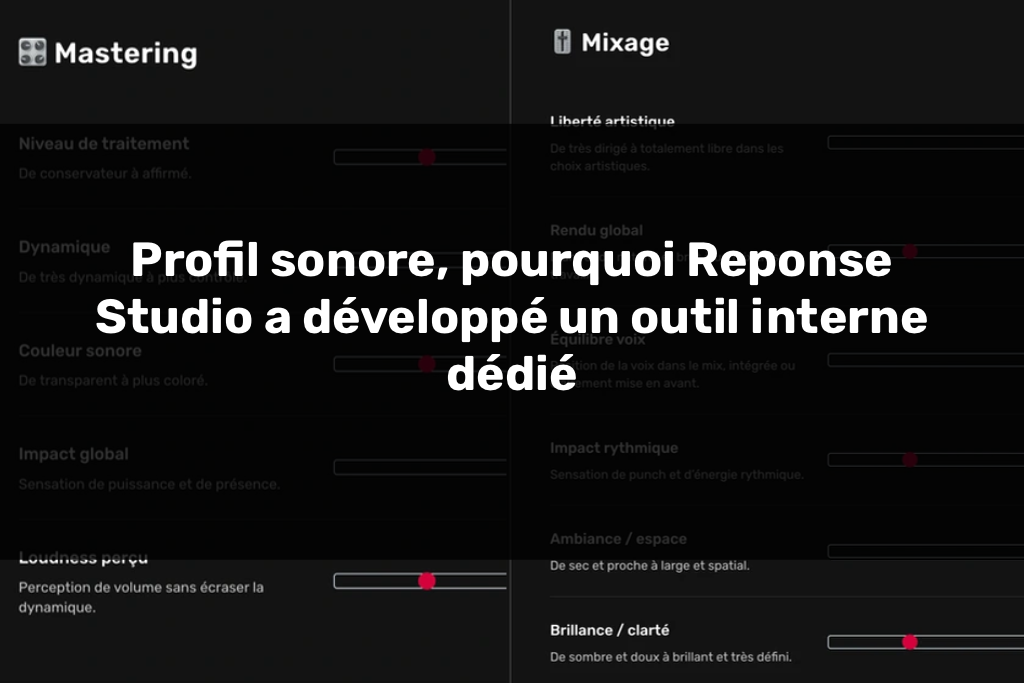 Interface du profil sonore chez Reponse Studio montrant les paramètres de mixage et de mastering, permettant de structurer une identite sonore claire, coherente et adaptee a chaque projet audio professionnel.