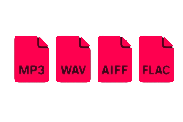 Icônes de formats de fichiers audio MP3, WAV, AIFF et FLAC sur fond sombre, illustrant les principaux formats de fichiers audio utilisés en production musicale, mixage, mastering et diffusion audio.