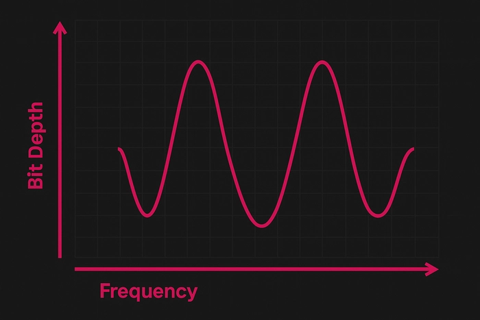 Schéma de principe d'un signal audio numérique montrant la relation entre la fréquence sur l'axe horizontal et la profondeur de bits sur l'axe vertical, illustrant un signal en 24 bits et l'impact du bit depth et de la fréquence d'échantillonnage sur la précision audio.