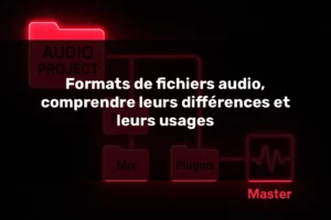 Arborescence d'un projet audio professionnel montrant l'organisation des fichiers audio du dossier principal vers les pistes, le mixage, les plugins et le master final, illustrant un workflow structuré pour le mixage et le mastering audio avec des formats de fichiers audio adaptés.