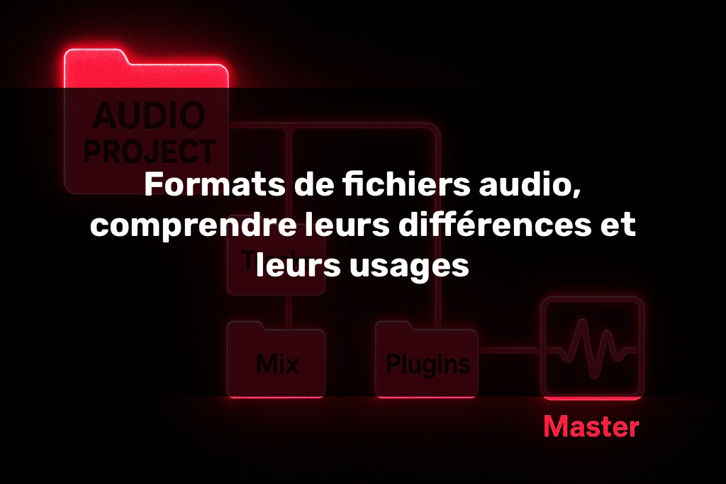 Arborescence d'un projet audio professionnel montrant l'organisation des fichiers audio du dossier principal vers les pistes, le mixage, les plugins et le master final, illustrant un workflow structuré pour le mixage et le mastering audio avec des formats de fichiers audio adaptés.
