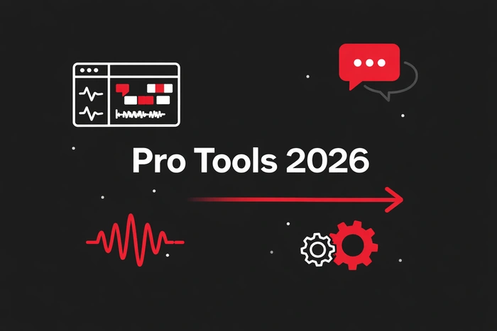 Illustration minimaliste Pro Tools 2026 representant l evolution du logiciel audio professionnel avec workflow, retours utilisateurs et developpement futur
