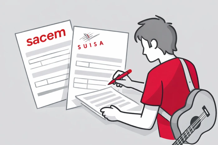 Illustration minimaliste d’un artiste remplissant des formulaires de droits d’auteur musique SUISA et SACEM avant la diffusion de ses oeuvres.
