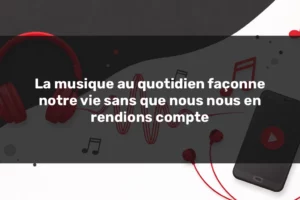 Illustration minimaliste en rouge et gris représentant la musique au quotidien, un casque, une onde sonore et un smartphone.