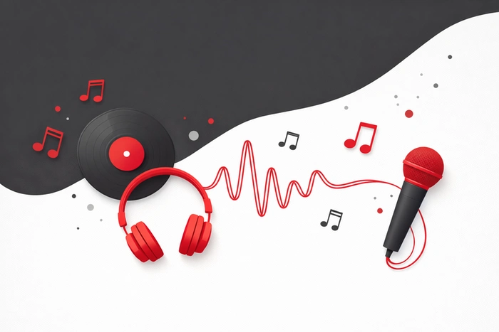 Illustration minimaliste en rouge et gris représentant la musique au quotidien, le son, l’écoute et la transmission de l’émotion.