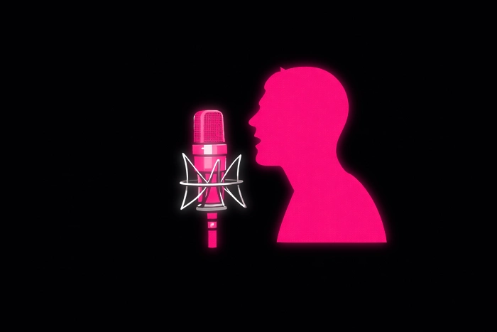 Illustration d’un chanteur positionné face à un micro de studio professionnel lors d’une prise de son vocale.