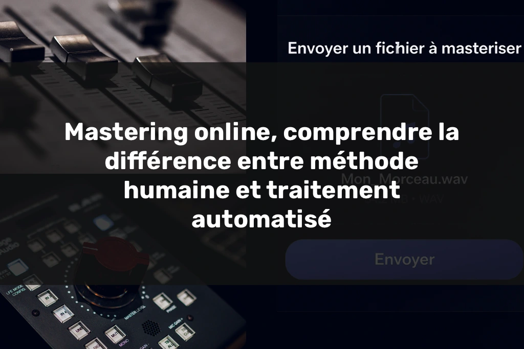 Interface de mastering online illustrant l’envoi d’un fichier audio vers un traitement automatisé, opposé au mastering humain professionnel.