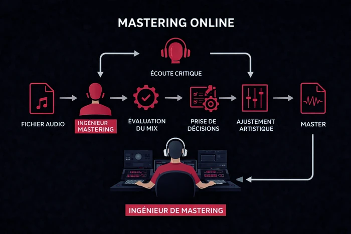 Schéma du mastering online réalisé par un ingénieur du son, illustrant les étapes humaines, de l’écoute critique et l’évaluation du mix jusqu’aux décisions artistiques et au master final.