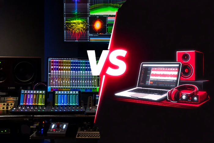 Illustration comparant un studio d’enregistrement professionnel et un home studio, mettant en évidence les différences de production audio.