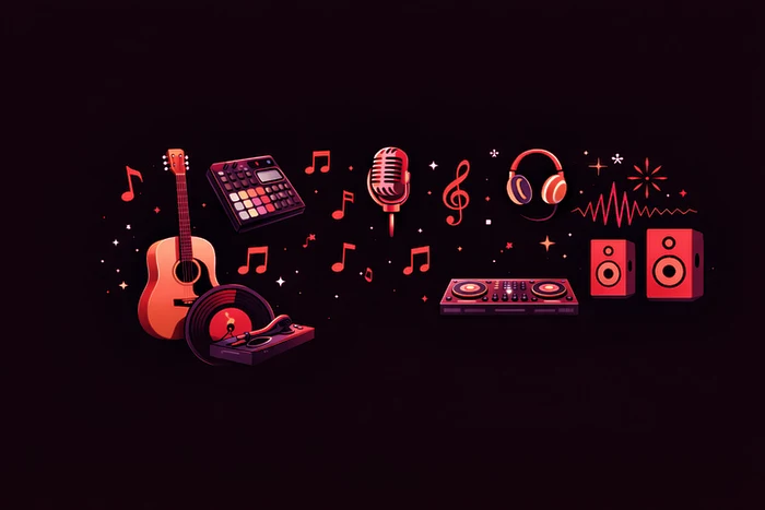Illustration minimaliste représentant différents styles musicaux et outils audio, symbolisant les tendances musicales 2026 et l’évolution des esthétiques sonores.