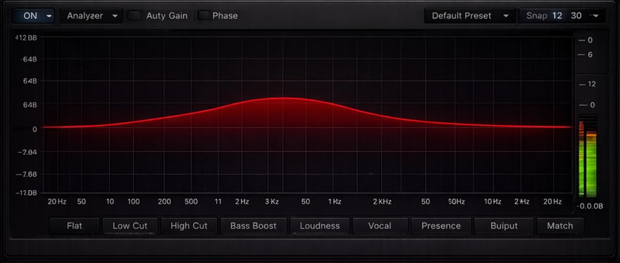 Interface d’égaliseur à phase linéaire affichant une courbe large et régulière sur la bande de fréquences de 20 Hz à 20 kHz, utilisée pour des corrections transparentes et cohérentes en mastering audio.