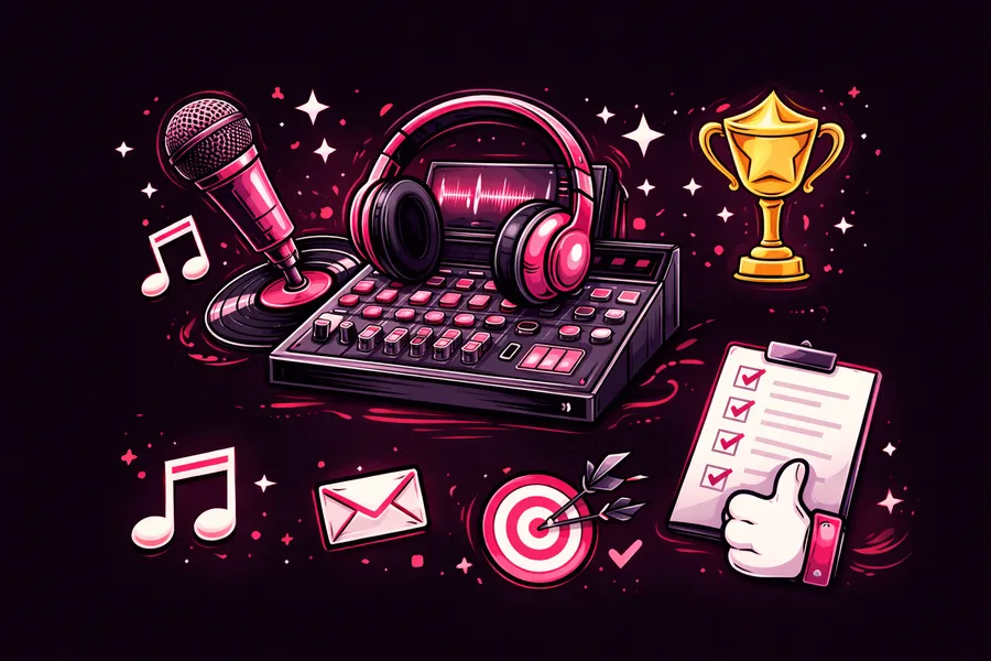 Illustration clipart minimaliste représentant un mixage audio, un mastering et un studio d'enregistrement pour évaluer un morceau professionnel.