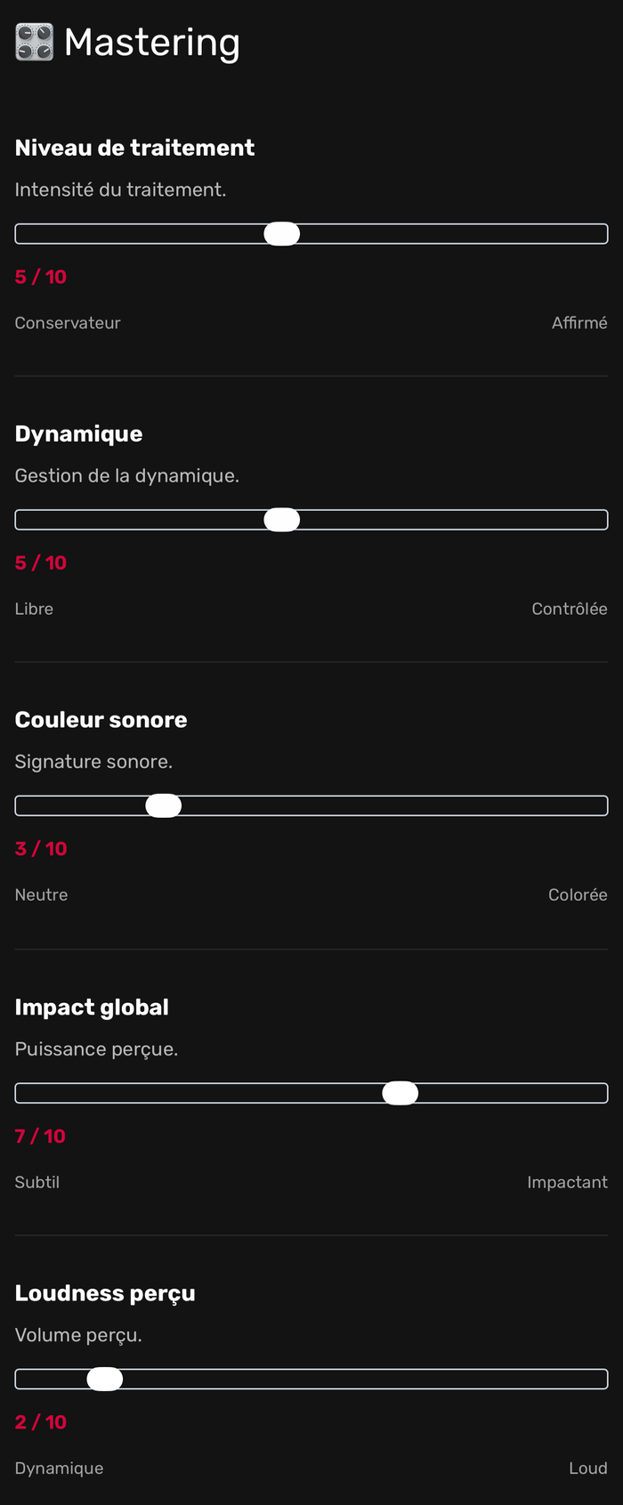 Profil sonore en Mastering audio mobile Profil sonore en Mastering audio, visualisation du niveau de traitement, de la dynamique, de la couleur sonore et de l’impact global mobile