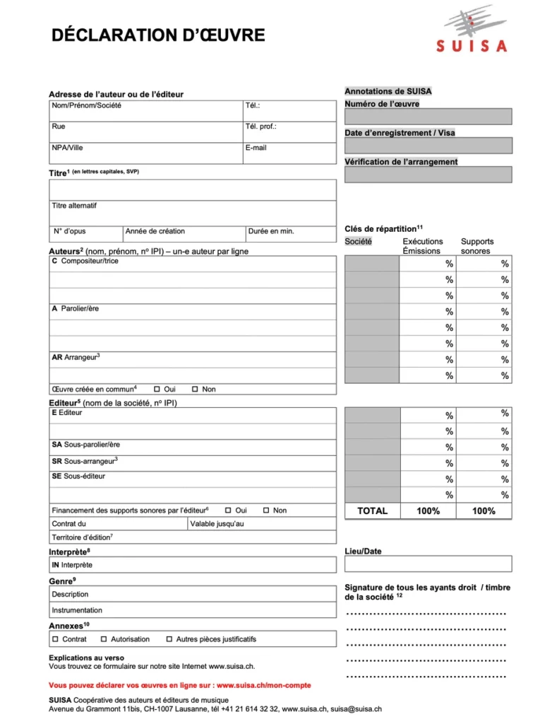 Formulaire SUISA de déclaration d’oeuvre musicale, saisie des droits d’auteur musique pour auteurs et compositeurs en Suisse.