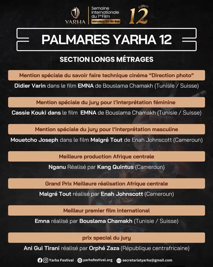 Palmarès YARHA 12, le film EMNA récompensé à l’international, meilleur premier film international et mentions spéciales du jury, projet cinématographique soutenu par un studio d’enregistrement professionnel en Suisse.