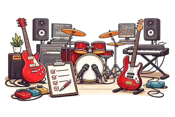Illustration minimaliste d’instruments préparés pour une session studio d'enregistrement professionnel, guitare, basse, batterie et checklist technique avant mixage et mastering.