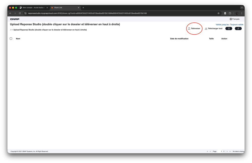 Espace de téléversement sécurisé Reponse Studio, bouton Téléverser permettant l’envoi de fichiers audio ou d’un fichier ZIP sans perte de qualité.