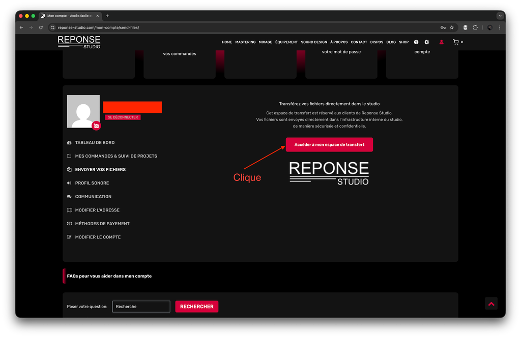 Espace client Reponse Studio, accès à l’envoi de fichiers audio via le bouton Accéder à mon espace de transfert sécurisé.
