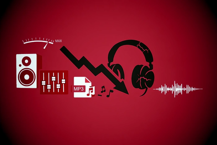 qualité audio musique en baisse, illustration minimaliste rouge avec moniteur studio, console, fichier MP3, flèche descendante et casque fissuré illustrant la perte de dynamique et d’émotion sonore