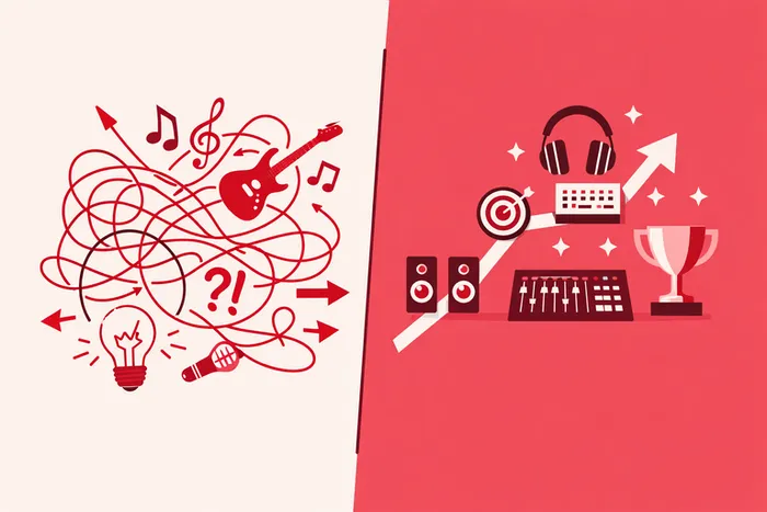 Projet audio désorganisé sans cadre face à un studio d'enregistrement structuré avec mixage, mastering et objectif clair