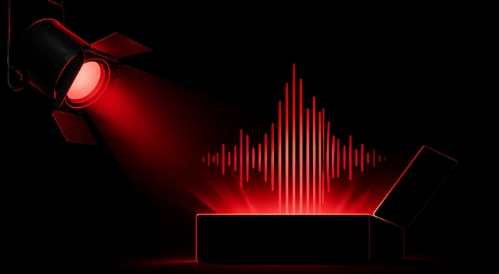 Teaser un morceau avant sa sortie en studio d'enregistrement, onde sonore en montée symbolisant l’attente, le mixage et le mastering professionnels