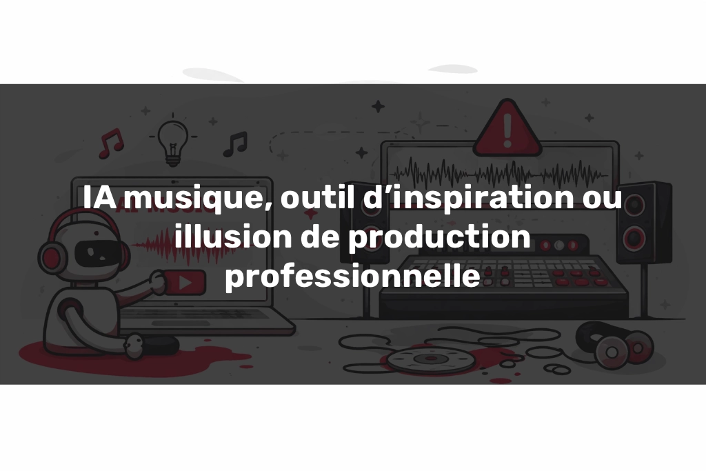 IA musique et production audio, illustration du contraste entre création par intelligence artificielle et travail en studio d’enregistrement professionnel avec mixage et mastering