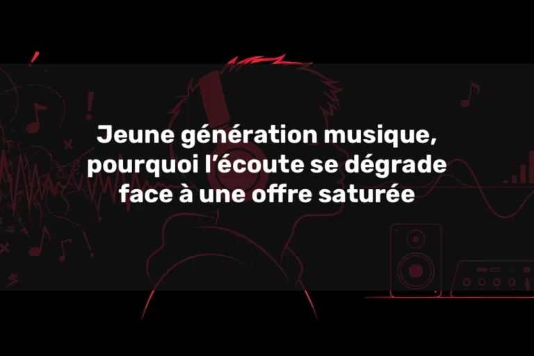 Jeune génération musique face à une offre saturée, illustration minimaliste montrant un jeune au casque entre un son compressé chaotique et une écoute claire en studio d’enregistrement avec mixage et mastering professionnel.