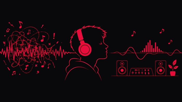 Jeune génération musique, illustration minimaliste montrant un jeune au casque entre un son saturé et compressé à gauche et une écoute équilibrée en studio d’enregistrement avec mixage et mastering professionnel à droite.