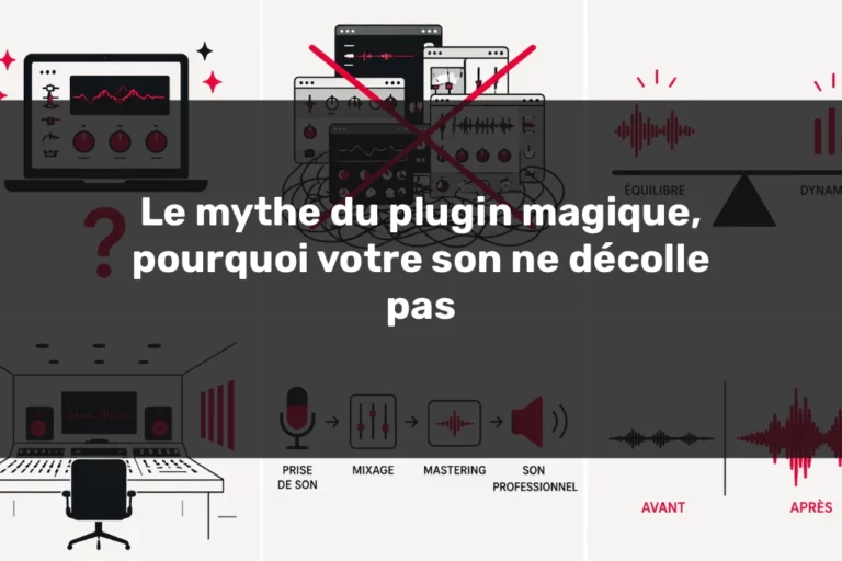 Plugin mixage audio illustration minimaliste montrant plusieurs plugins inefficaces face à un workflow professionnel de mixage et mastering avec avant après sonore