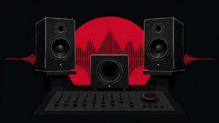 Illustration minimaliste de moniteurs studio avec subwoofer dans un studio d'enregistrement, symbole d'une écoute de précision pour le mixage, le mastering et la qualité audio.