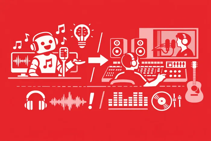 IA musique et production audio, illustration minimaliste du passage de la création par intelligence artificielle à un studio d’enregistrement professionnel avec mixage et mastering