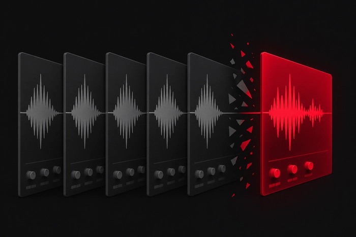 Illustration sur la musique actuelle se ressemble, avec plusieurs ondes audio identiques et une onde rouge différente symbolisant une identité sonore plus forte.