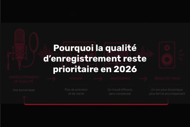 Illustration minimaliste du processus audio montrant l’importance de la qualité d’enregistrement en 2026, du micro au résultat final avec mixage et mastering.