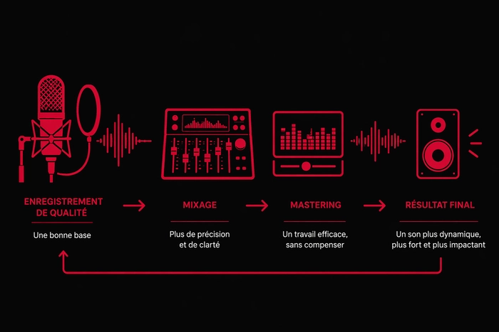 Schéma du processus audio montrant l’importance de la qualité d’enregistrement, du micro au mixage, mastering et résultat final plus dynamique et puissant.