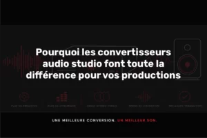 convertisseur audio studio Sabre32 illustration minimaliste montrant amélioration de la précision, dynamique et qualité sonore professionnelle