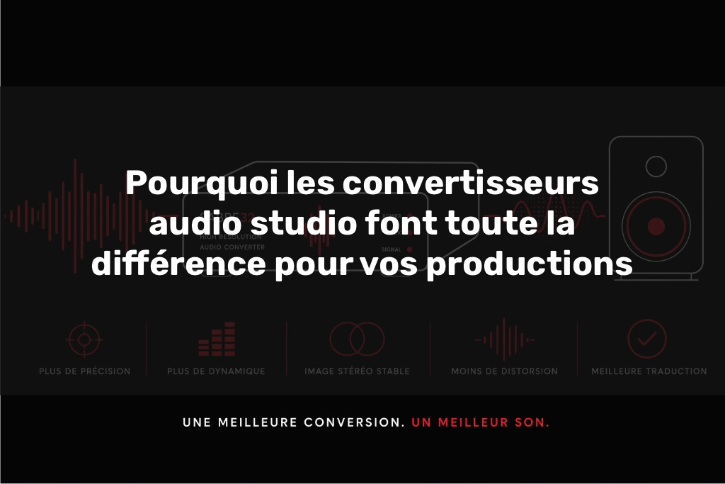 convertisseur audio studio Sabre32 illustration minimaliste montrant amélioration de la précision, dynamique et qualité sonore professionnelle